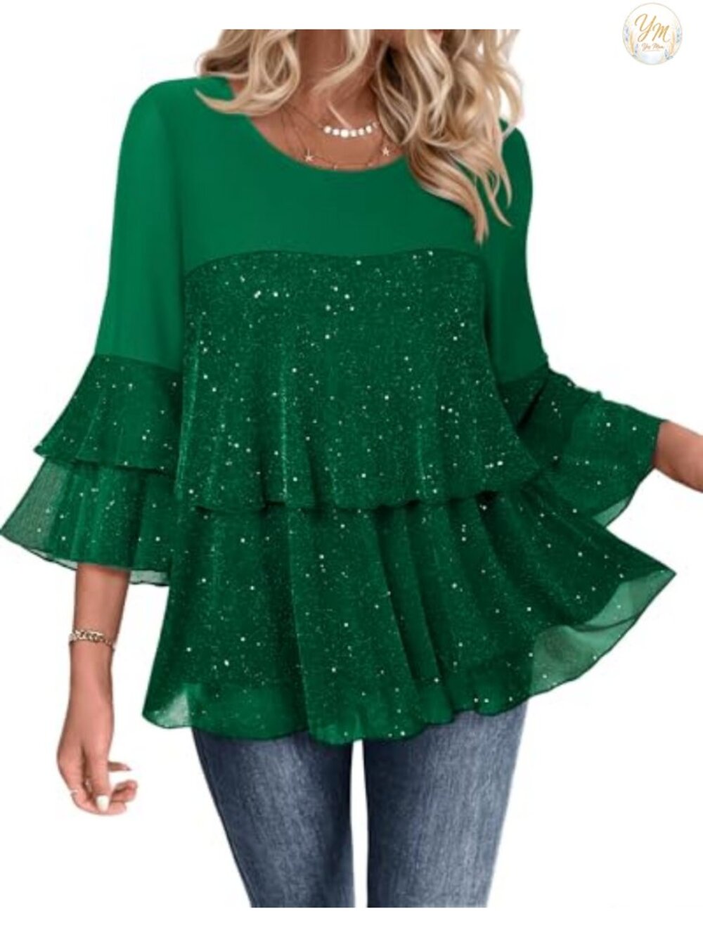 Womens Dressy Sparkly Peplum Tunic Top 3/4 Ruffle Sleeve Evening Blouse